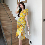 Fongt Style French Retro Floral Snowy Dress Women's Summer New Sanya Beach Irregular Dress