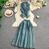 Fongt Age-Down Suit Women's Summer Ripe Wind Folded Back Cowboy Top + High Waist Thin Half