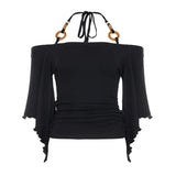 Fongt New Retro Stripe Shoulder Horn Sleeve T-Shirt Hottie Beaded Neck Small Repair Body