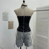 Fongt Babes Hollow Strapped Braped Pu Skin Top Female Tight Sexy Short Hanging Neck Vest 2765