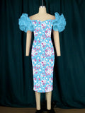 Fongt Net Yarn Sleeves Stitched Printed Bags Dresses Mid-Sevent Dress Party Dress Women Dress