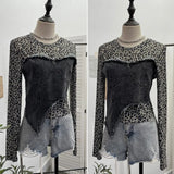 Fongt Shooting Fashion Leopard Tard Tard Babes Mesh Splicing Denim Irregular Bottom Shirt Short Top 2617
