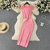 Fongt New Sleeveless Nails Clad High-Waist Temperament Famous Half-Dress Knitted Set Two Sets