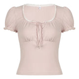 Pure Romantic Style Pleated Lace Button Splicing U-Collar Bubble Sleeve T-Shirt Pure Color Slimming Casual Shirt Trend-Outfit