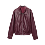 Fongt New Vintage Simple Collar Zipper Wine Red Leather Coat Woman