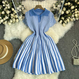 Fongt Retro-Necked Short-Sleeved Striped Knitted Dress Female Waist Temperament Thin A-Word Dress