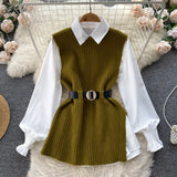 Light Luxury Ladies Dress Set Women's Loose Long-sleeved White Shirt Top + Slit Knitted Vest Vest Two-piece Set-Outfit