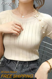 Tee Shirt Femme Knitted Hollow Out T Shirt Button Short Sleeve Tshirt Women 2023 Summer Casual Thin white T-Shirt
