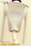 Diamonds Thin Knitted Sweater Female Hollow Out Sweaters Women 2023 Autumn Sexy Tops Bright Wire Pullover Woman