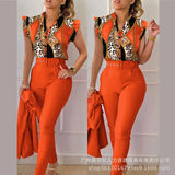 Series) 2023 Women's Red Print Shirt Pantsuit-With A Belt-Outfit
