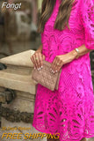 Women Elegant Embroidery Hollow Party Dress Autumn Casual Half Sleeve A-Line Dress Ladies Fashion High Collar Solid Beach