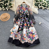 Fongt Retro Design Cross V-Neck Yarn Lantern Sleeve Strap To The Belt Print Big Swing Ponve Dress