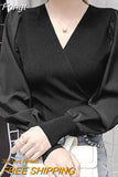 Korean Fashion Sexy V Neck Knitted Pullovers Pull Femme Long Sleeve Tops Patchwork White Sweater Women Clothing 2023