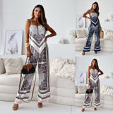 New Fashion Print Suspenders Strap Chest Positioning Flower Pants Suit Women's Clothing-Outfit