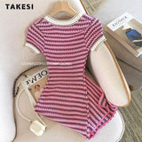 Women Short Sleeve Round Neck Striped Luxury Sheath Mini Dresses 2023 Summer Patchwork High Waist Slim Fit Knitting