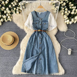 Fongt Dress Women's 2025 Summer Dress New Design Collar Bubble Sleeve Splicing Age-Sensitive Fashion Denim Long Dress