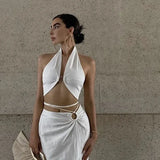 Fongt Style 2023 Summer Women's Wear Sexy V-Neck Design Sense Hook Buckle Dew Back Hanging Neck