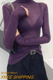Y2K Fashion Solid Turtleneck T Shirt Women Harajuku Sexy See Through Long Sleeve Tee Slim All-match Basic Pullover