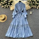 Fongt High-End Retro Lace Splicing Pearl Single Buckle Thin Temperament Collar Lantern Sleeve Dress