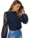 Fongt New 褶領透视 Tulle Lace Lantern Sleeve Temperament Blouse