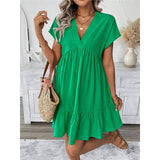 Fongt Women's Dress 2025 Summer Holiday Windy Windy Leaves Edge V Collar Solid Loose Short Skirt