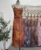 Sexy Tie-Dye Print Dress Waist Folded Folded Black Back Mesh Slings Long Skirt