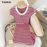 Women Short Sleeve Round Neck Striped Luxury Sheath Mini Dresses 2023 Summer Patchwork High Waist Slim Fit Knitting