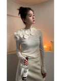 Chinese Style O-neck Flower Beading Tops Women Spring Slim Fit White Pullovers Y2k E-Girl Long Sleeve Sweater Mujer-Outfit