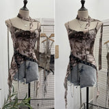 Fongt Girls Newspaper Tie-Dye Printing Net Waste Vest Irregular Rope Ribbon 1197