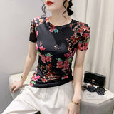 S-3XL Printed Floral Mesh T-Shirts Female O Neck Short Sleeve High Stretch Fashion Slim Tee Tshirts For Women FF6913-Outfit