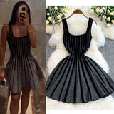 Fongt New Temperament Elegant Vertical Stripes To Close The Waist Thin Sling Dress Light Style Knitting Skirt Woman