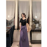Fongt Summer New Relaxation Black Short-Sleeved T-Shirt Blouse High-Waist Purple Color Tying Strap A-Word Half-Dress Woman