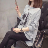 Striped Patchwork Split Shirt Korean Loose Spring Autumn Long Sleeve Female Clothing Casual Printed Round Neck Blouse-Outfit