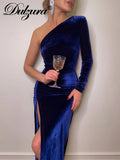Solid Long Sleeve One Shoulder Ruched Slit Velvet Midi Dress Bodycon Sexy Party Club Elegant Evening Christmas 2021