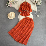 Fongt Luxury Retro Temperament Female Short-Sleeved Single Buckle Shirt High-Rise Half-Dress Two Sets Of Lace Fashion Set