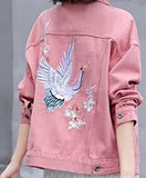 Autumn Loose-Fit Denim Jacket Handsome Boyfriend Wind Heavy Embroidery Small Crane Fashionable Black Jacket