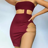 Knitting Mini Dress Spring Summer Newest Stylish Tube Top Hollow Out Split Ribbed Chain Sexy Bodycon Bandage