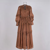 Fongt Temperament Dress 2025 New V-Neck Lantern Sleeves Folded Long Silk Dress Dress