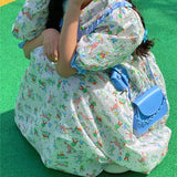 Women Kawaii Puff Sleeve Patchwork Print Mid-calf Casual Loose Korean Style Empire New Arrivals Popular Peter Pan