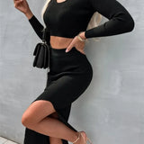 Fongt And Winter 2025 New Women's Pure Color Knitted Round Collar Collar Collar Long Sleeve Open Fork Dress Two Sets Of Women