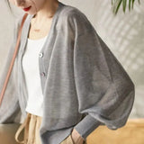 Lady 2023 New V-Neck Pullovers Lantern Sleeve Knitted Spring Summer Fashion Elegant Single-breasted Solid Color T-shirt-Outfit