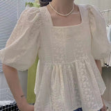 Blouse T-shirt Women Square Collar Puff Sleeve Big Hem High Waist Tops Shirts Female Casual