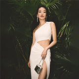 Fongt Summer New Women's Fashion Slanted Single Shoulder Hollow Solid Color Draw Folded Waist Dress
