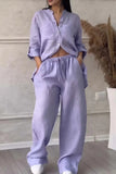 Fongt New Women's Solid Color Single-Button Long-Sleeved Shirt Two Sets Of Wide Leg Trousers With