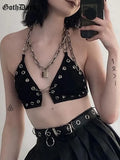 Dark Eyelet Mall Gothic Women Sexy Halter Tops Grunge E-girl Chain Strap Backless Camis Punk Black Pin Patchwork Crop