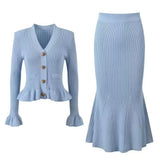 Fongt V-Neck Loaf Side Long Sleeve Open Shirt Bag Hip Fishtail Long Dress Elastic Knitted Two-Piece Suit Woman
