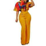 Fongt New Summer Printing Long-Sleeved Shirt Top Broad Leg Pants Fashion Set Two Sets