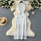Fongt Light Luxury High-End Sleeveless Dress Female Summer Mesh Yarn Hollow Hook Open Fork Design Long Dress