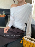 Fongt Xixi 2025 Autumn New White Standard Temperament Slant Shoulder Solid Color Knit Shirt Long Sleeve Top Sweater Female 89527