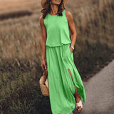 Fongt 2025 Summer Women's Fashion Trend Retro Round-Neck Sleeveless Forked Solid Color Two-Piece